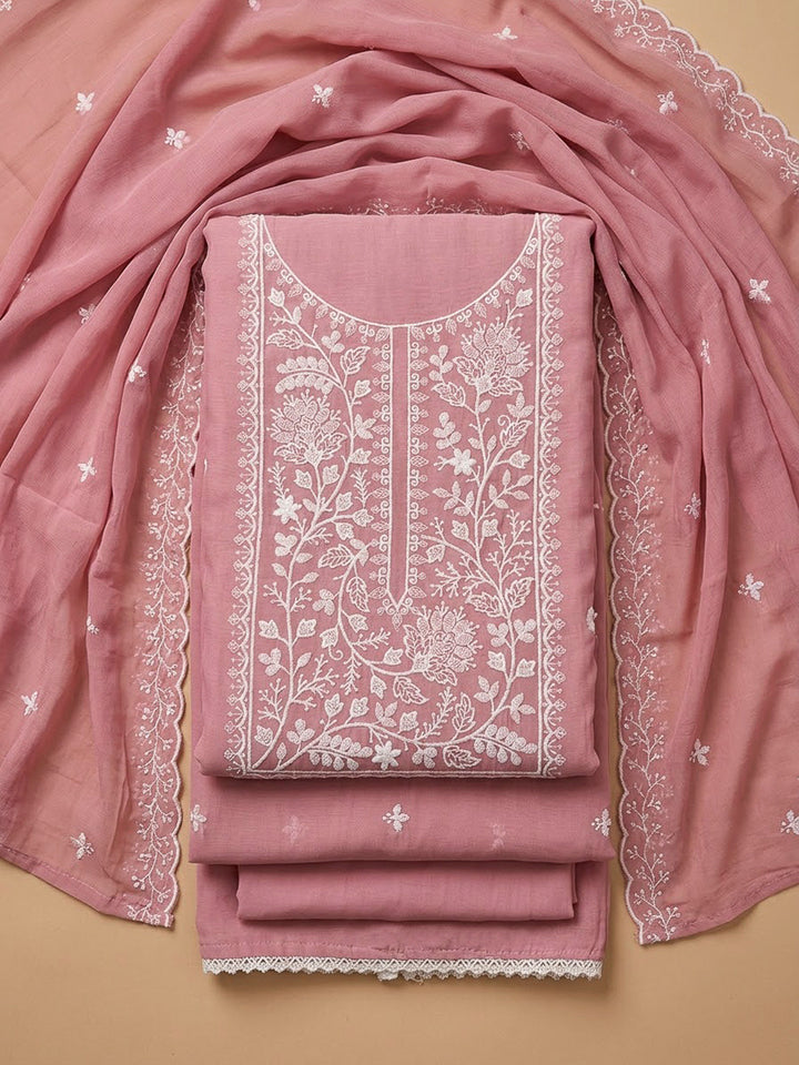 Onion Pink Chanderi Embroidered Unstitched Dress Material