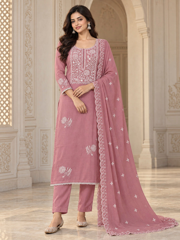 Onion Pink Chanderi Embroidered Unstitched Dress Material