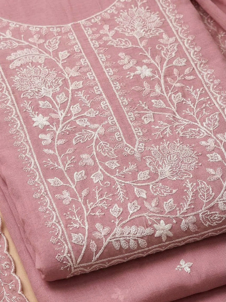 Onion Pink Chanderi Embroidered Unstitched Dress Material