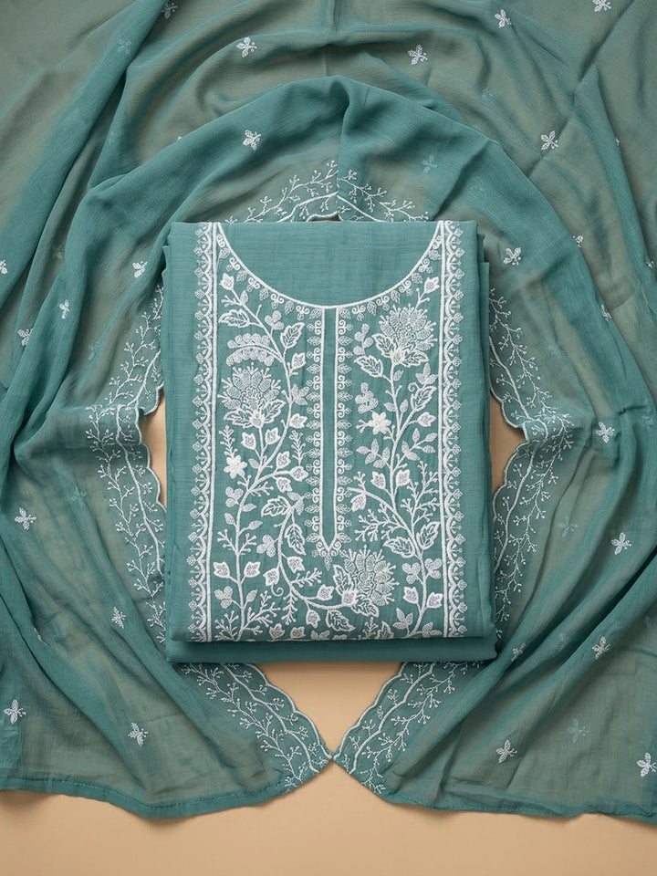 Rama Green Chanderi Embroidered Unstitched Dress Material