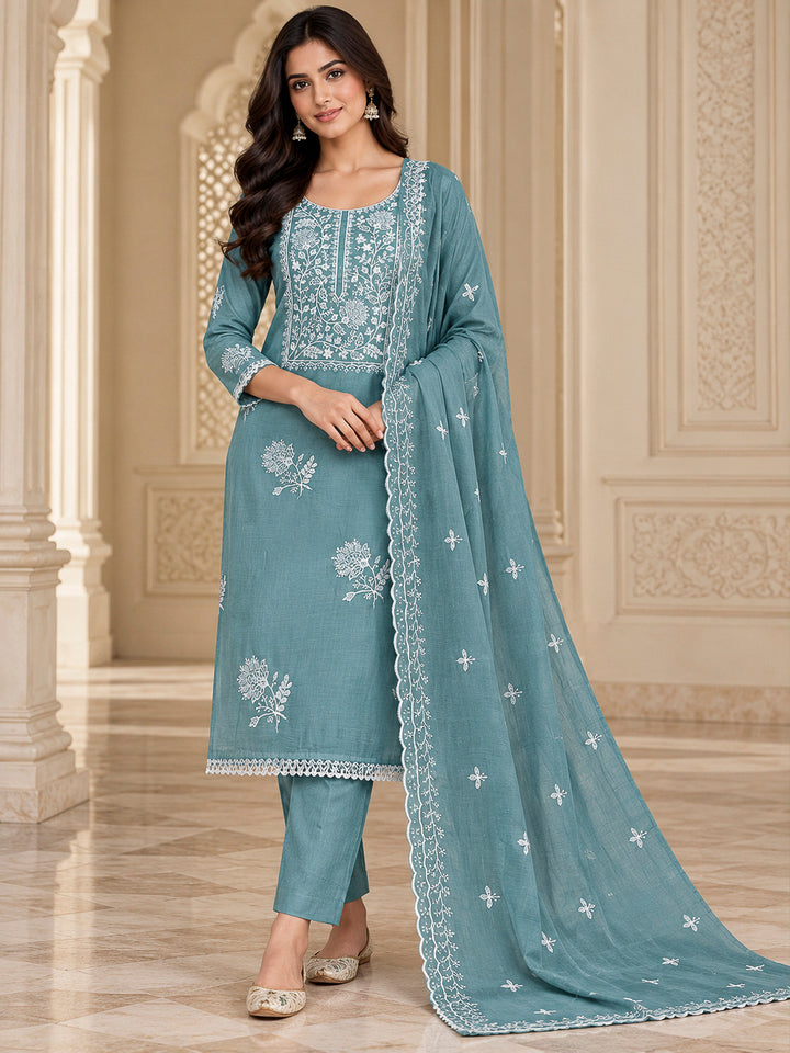 Rama Green Chanderi Embroidered Unstitched Dress Material