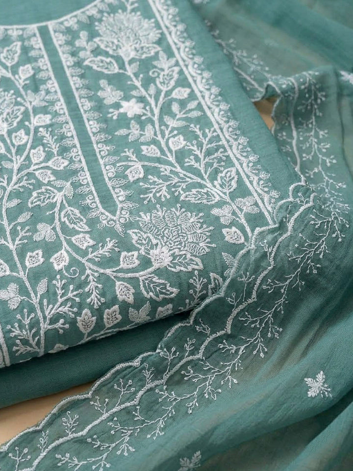 Rama Green Chanderi Embroidered Unstitched Dress Material