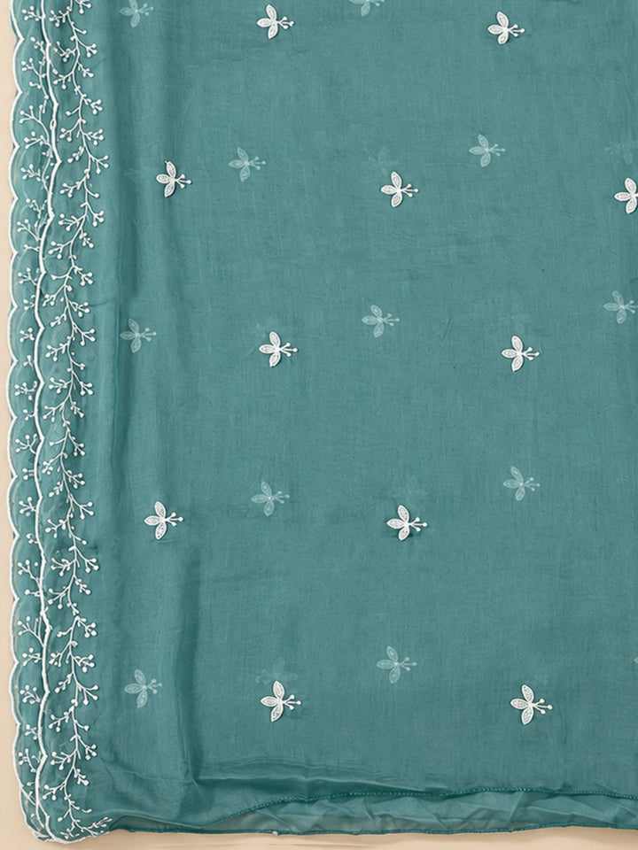 Rama Green Chanderi Embroidered Unstitched Dress Material