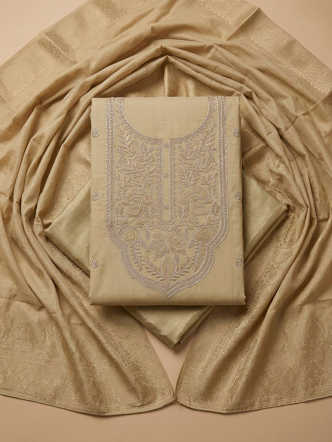 Beige Chanderi Embroidered Unstitched Dress Material