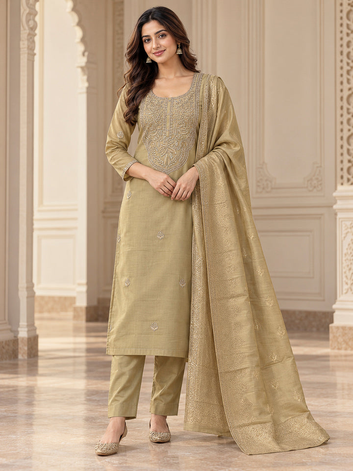 Beige Chanderi Embroidered Unstitched Dress Material