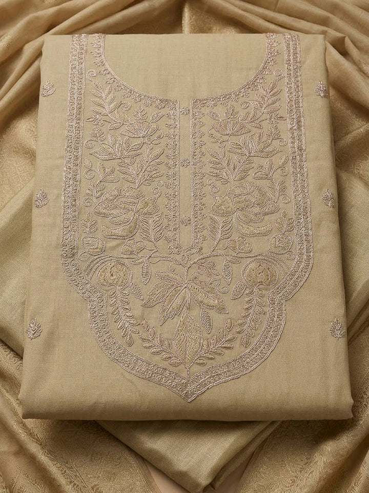 Beige Chanderi Embroidered Unstitched Dress Material