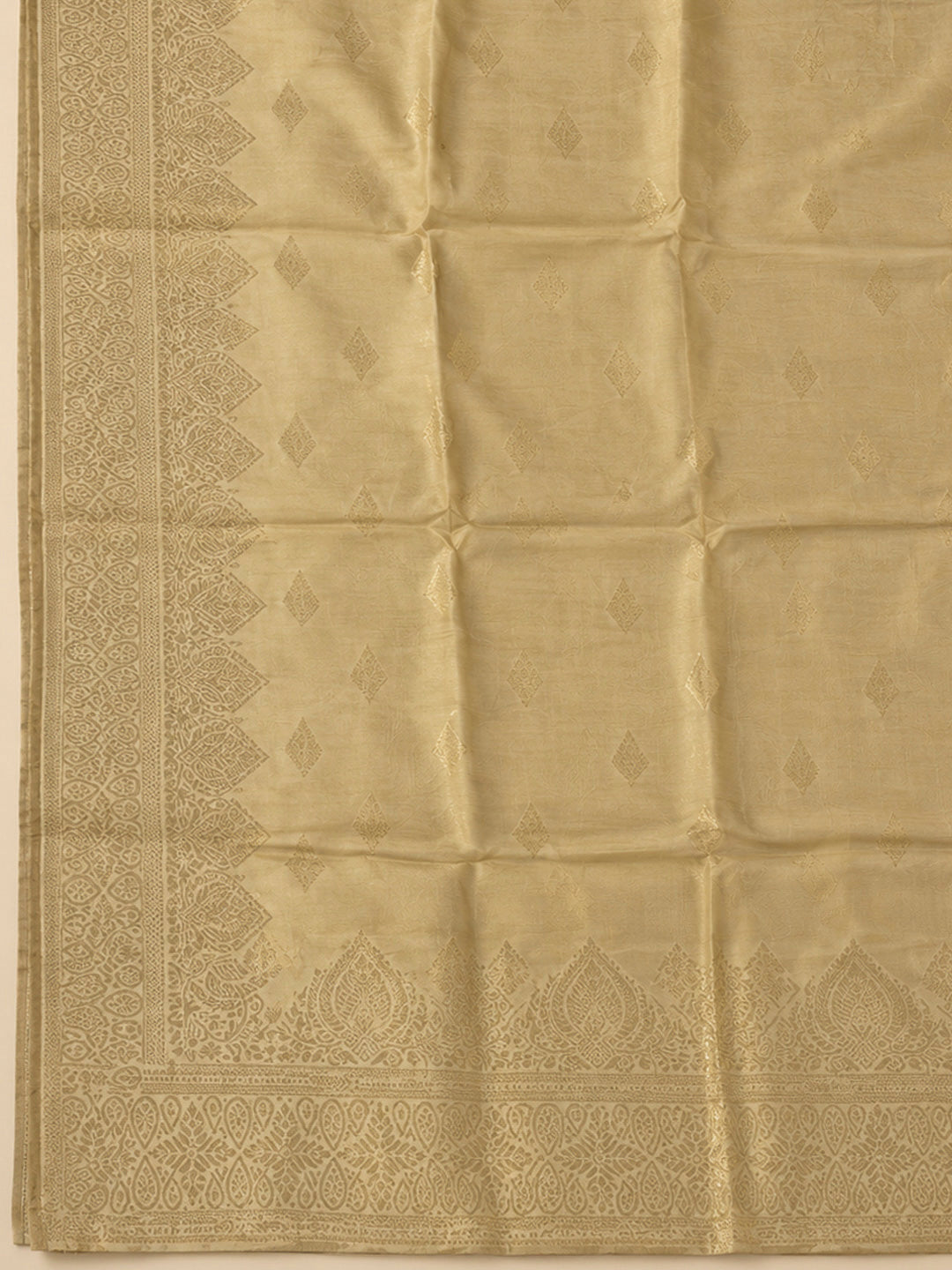 Beige Chanderi Embroidered Unstitched Dress Material