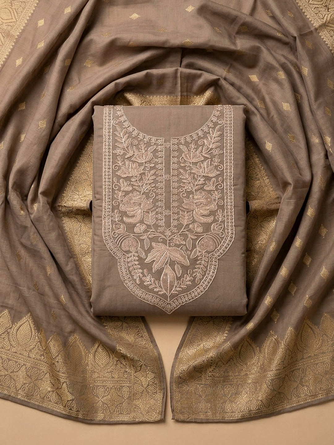 Chikoo Chanderi Embroidered Unstitched Dress Material