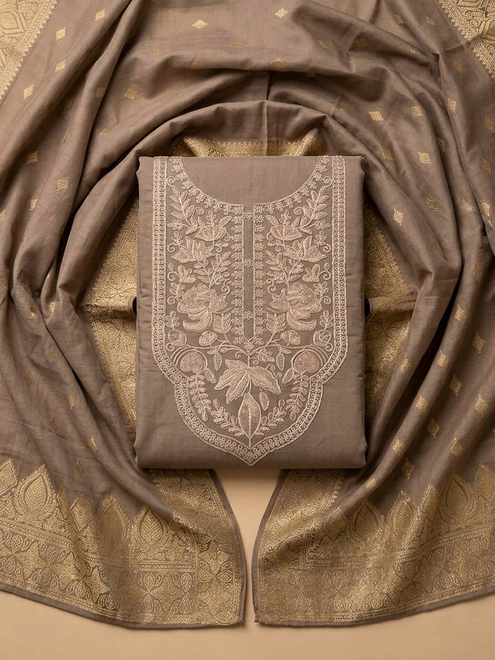 Chikoo Chanderi Embroidered Unstitched Dress Material