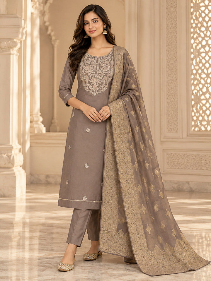 Chikoo Chanderi Embroidered Unstitched Dress Material