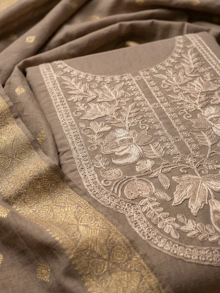 Chikoo Chanderi Embroidered Unstitched Dress Material