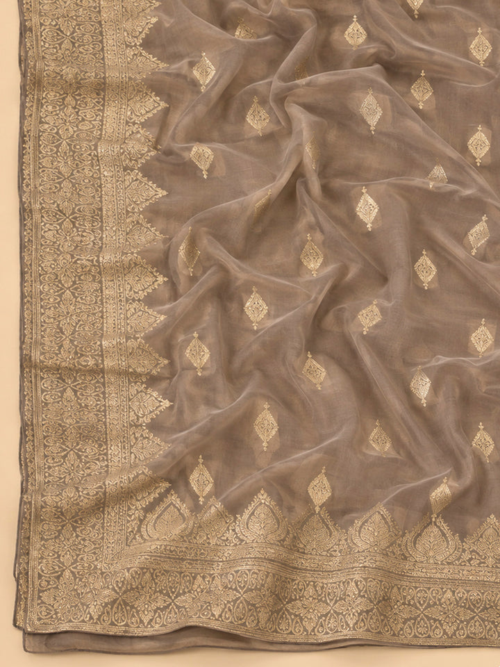 Chikoo Chanderi Embroidered Unstitched Dress Material
