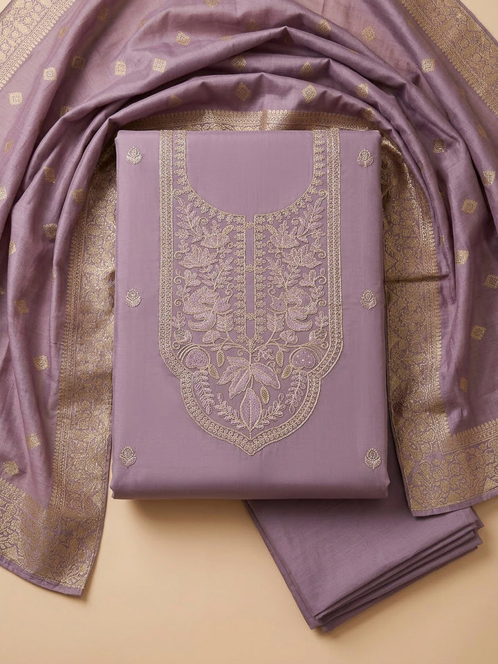 Purple Chanderi Embroidered Unstitched Dress Material