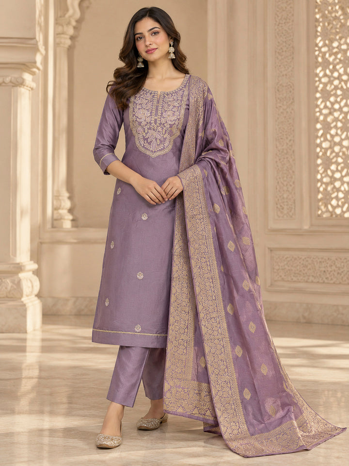 Purple Chanderi Embroidered Unstitched Dress Material
