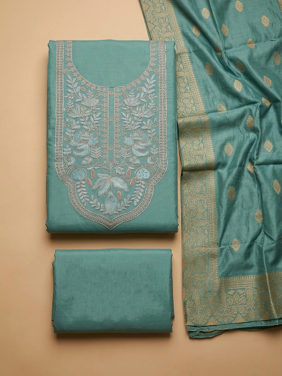 Rama Green Chanderi Embroidered Unstitched Dress Material