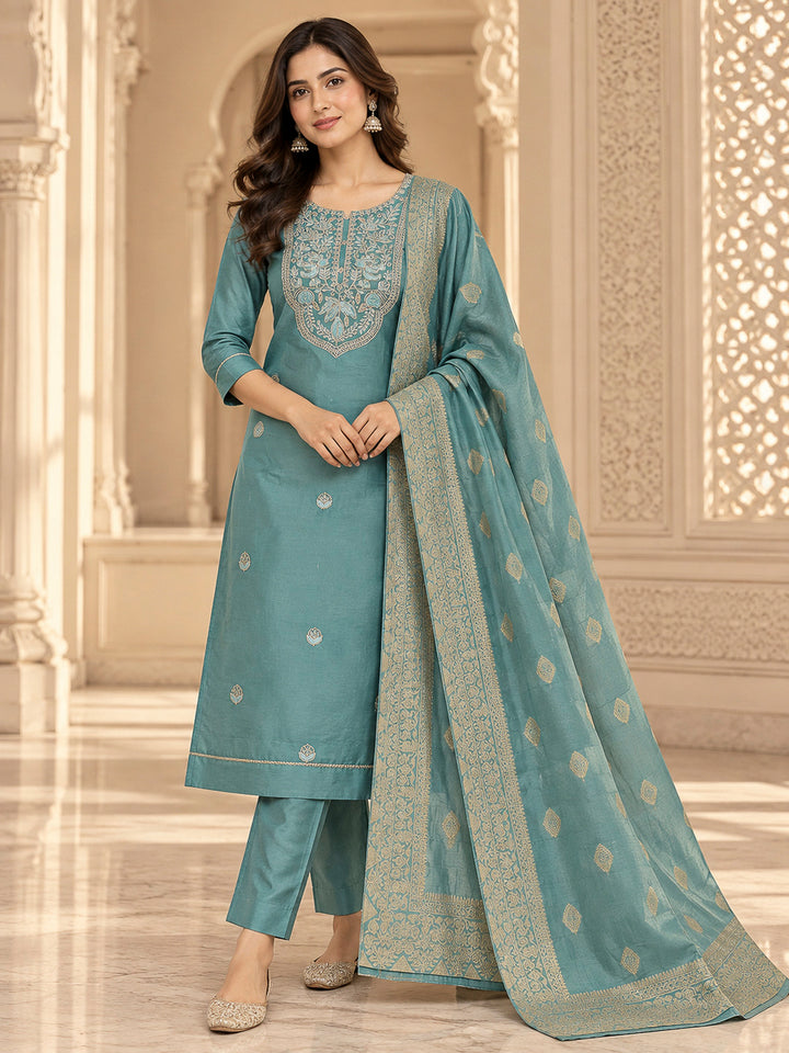 Rama Green Chanderi Embroidered Unstitched Dress Material