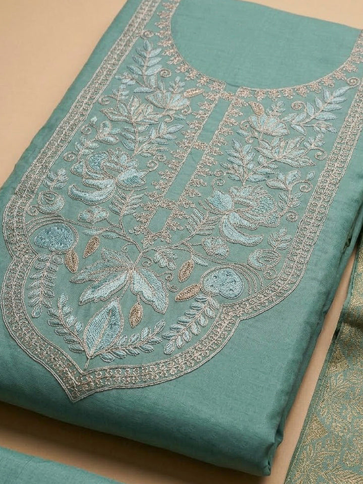 Rama Green Chanderi Embroidered Unstitched Dress Material