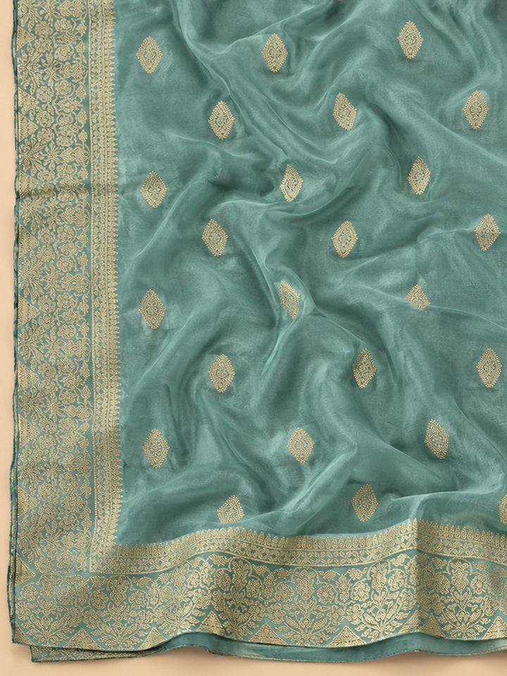 Rama Green Chanderi Embroidered Unstitched Dress Material
