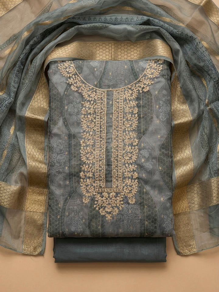 Grey Chanderi Embroidered Unstitched Dress Material