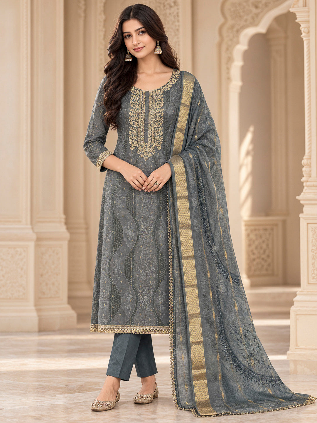 Grey Chanderi Embroidered Unstitched Dress Material