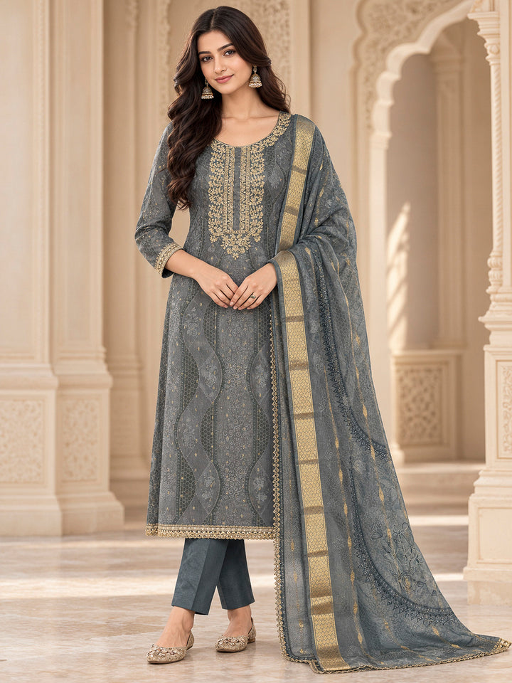 Grey Chanderi Embroidered Unstitched Dress Material