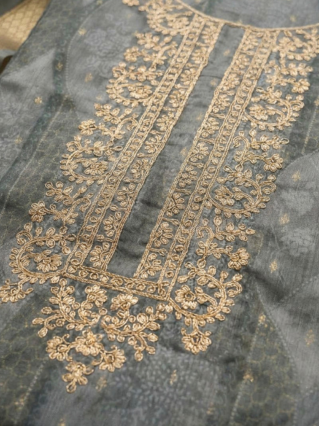 Grey Chanderi Embroidered Unstitched Dress Material