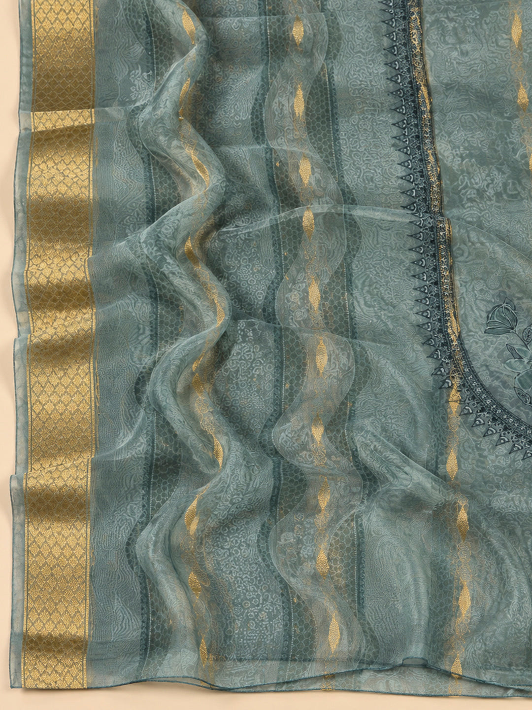 Grey Chanderi Embroidered Unstitched Dress Material