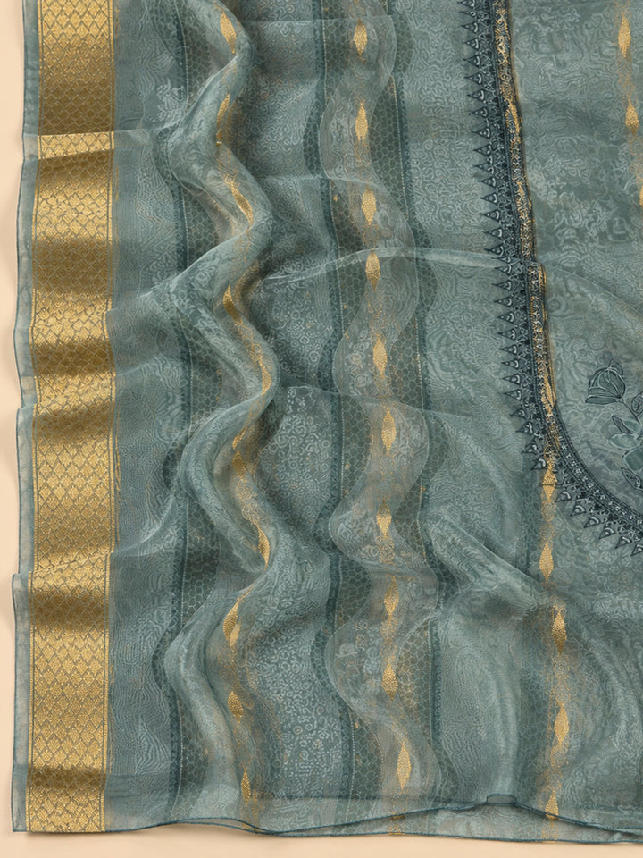 Grey Chanderi Embroidered Unstitched Dress Material