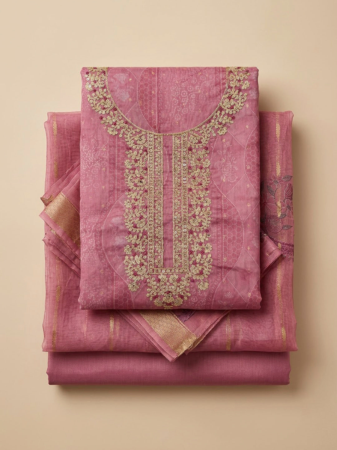 Onion Pink Chanderi Embroidered Unstitched Dress Material