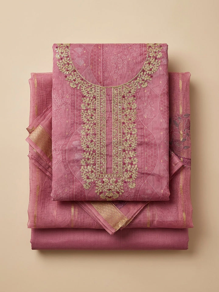 Onion Pink Chanderi Embroidered Unstitched Dress Material