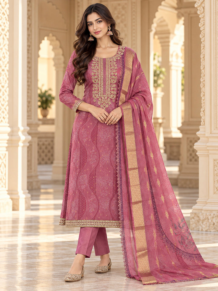 Onion Pink Chanderi Embroidered Unstitched Dress Material