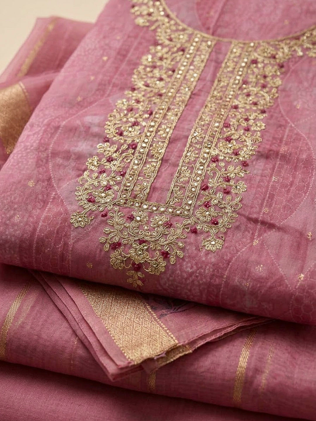Onion Pink Chanderi Embroidered Unstitched Dress Material