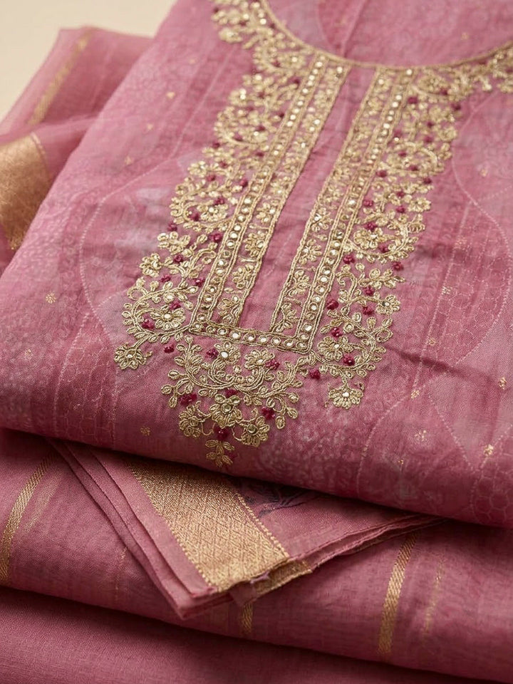 Onion Pink Chanderi Embroidered Unstitched Dress Material
