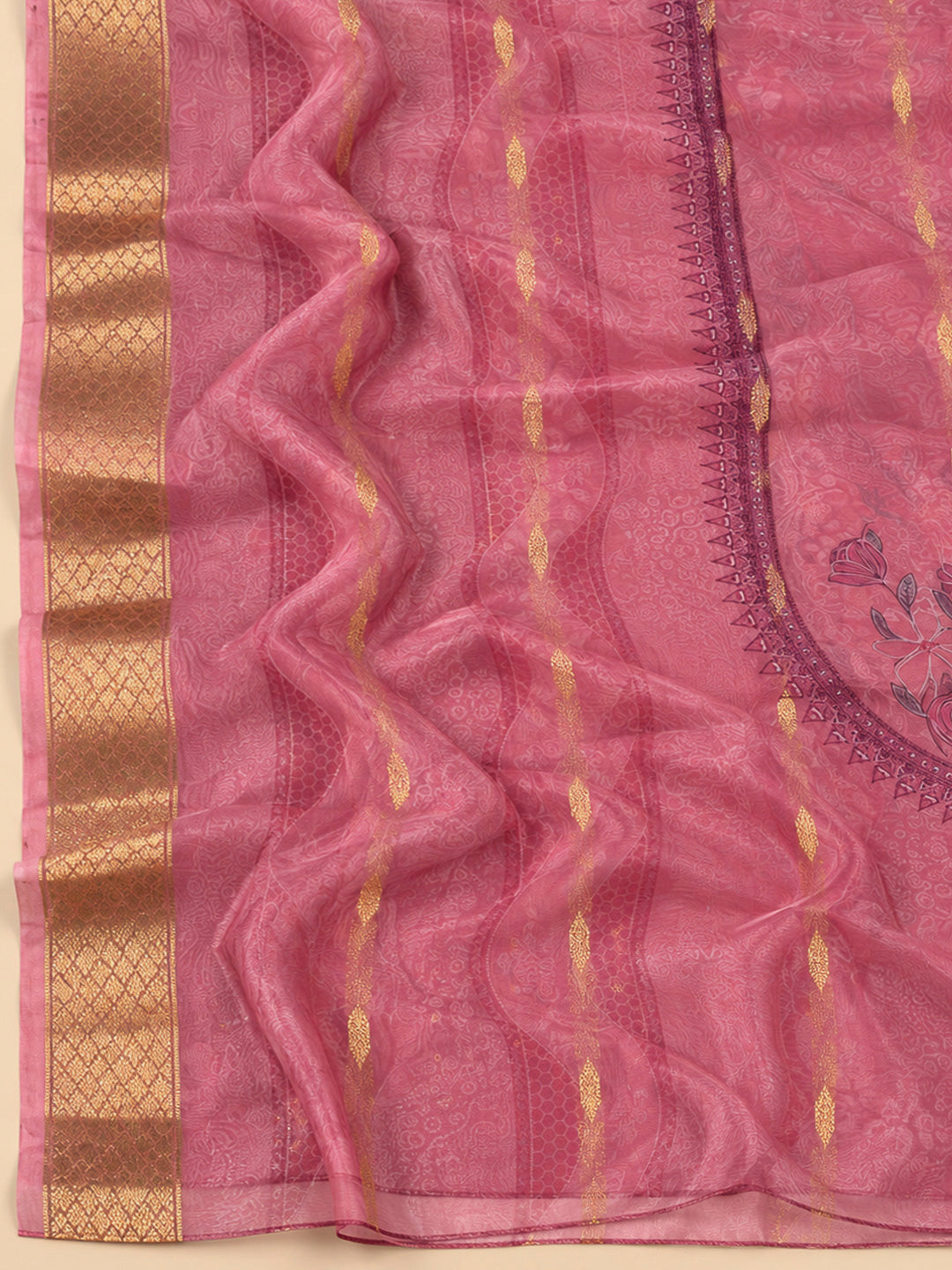 Onion Pink Chanderi Embroidered Unstitched Dress Material