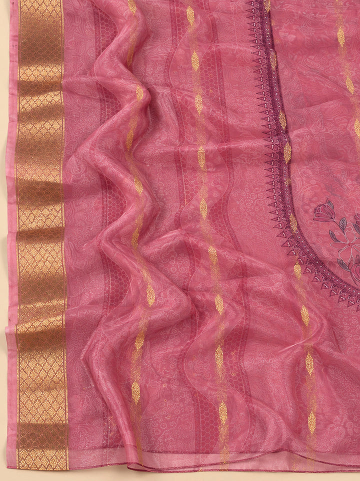 Onion Pink Chanderi Embroidered Unstitched Dress Material