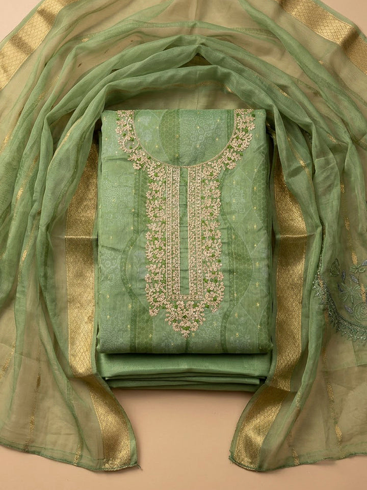 Pista Green Chanderi Embroidered Unstitched Dress Material