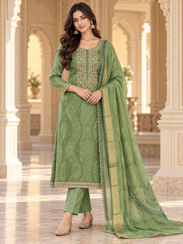 Pista Green Chanderi Embroidered Unstitched Dress Material