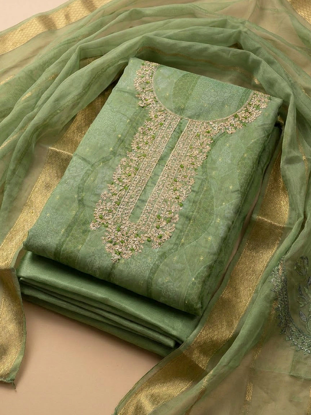 Pista Green Chanderi Embroidered Unstitched Dress Material