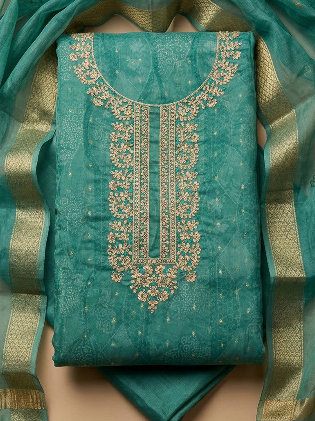 Rama Green Chanderi Embroidered Unstitched Dress Material