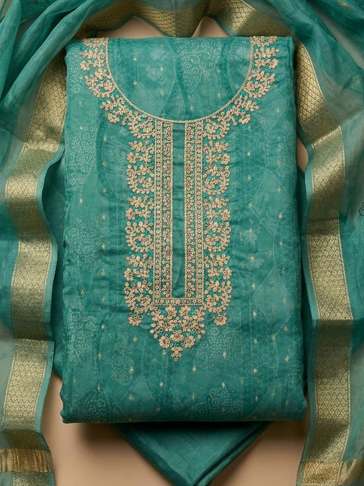 Rama Green Chanderi Embroidered Unstitched Dress Material