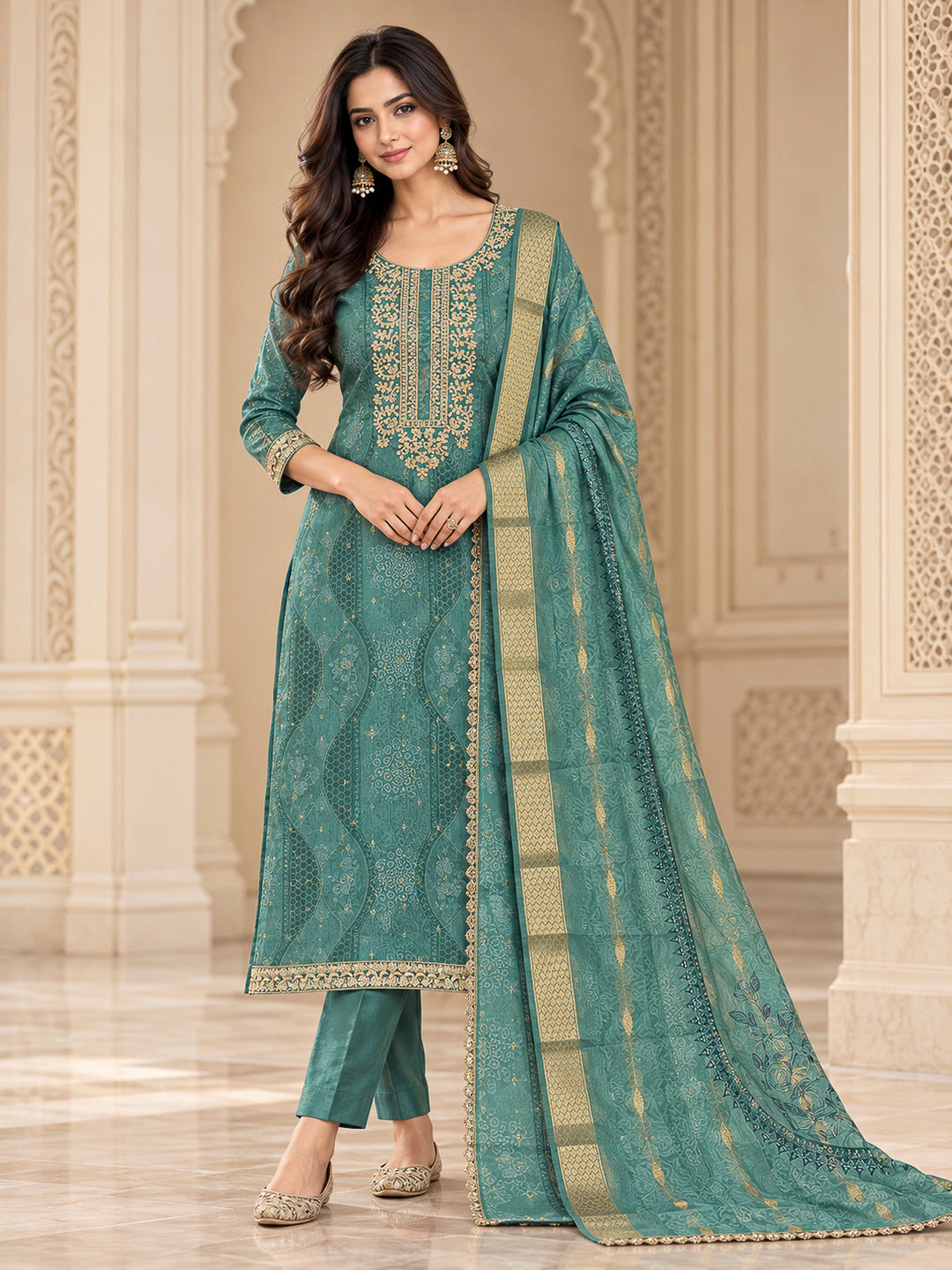 Rama Green Chanderi Embroidered Unstitched Dress Material
