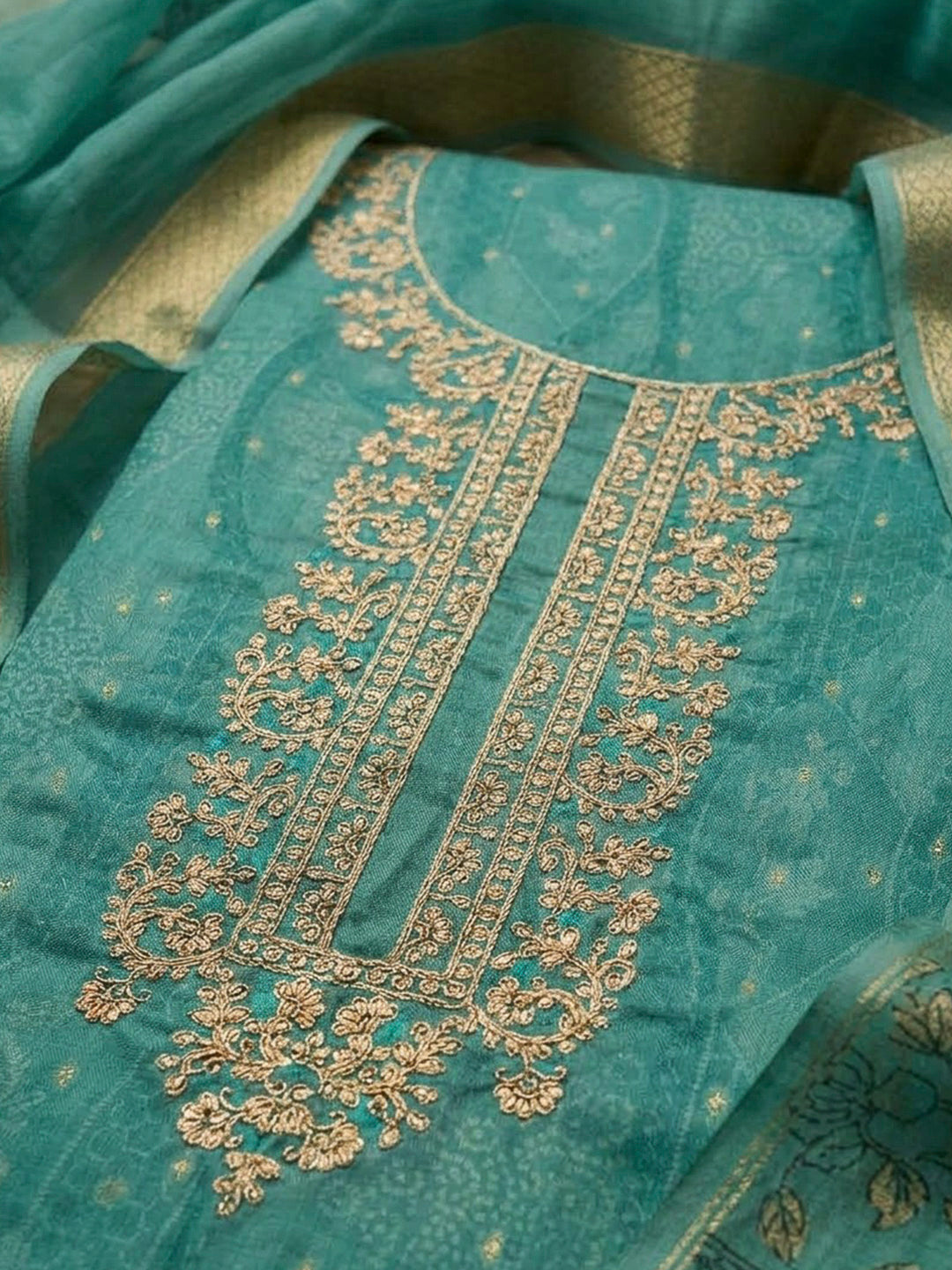 Rama Green Chanderi Embroidered Unstitched Dress Material