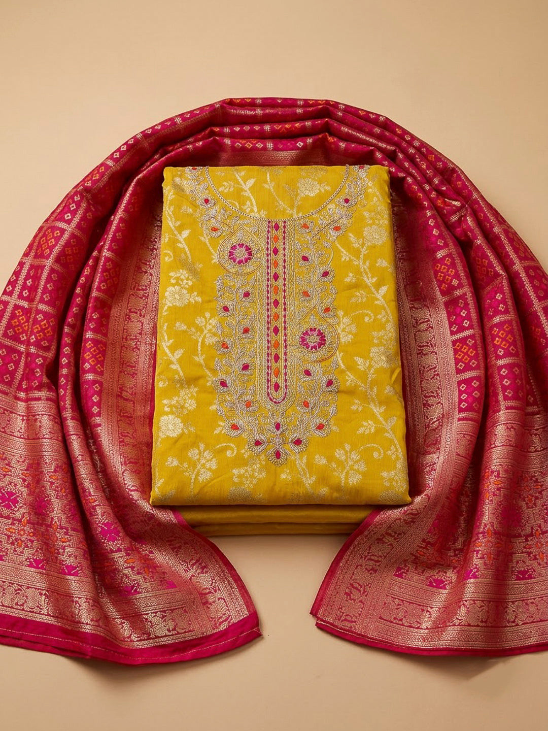 Mustard Chanderi Embroidered Unstitched Dress Material