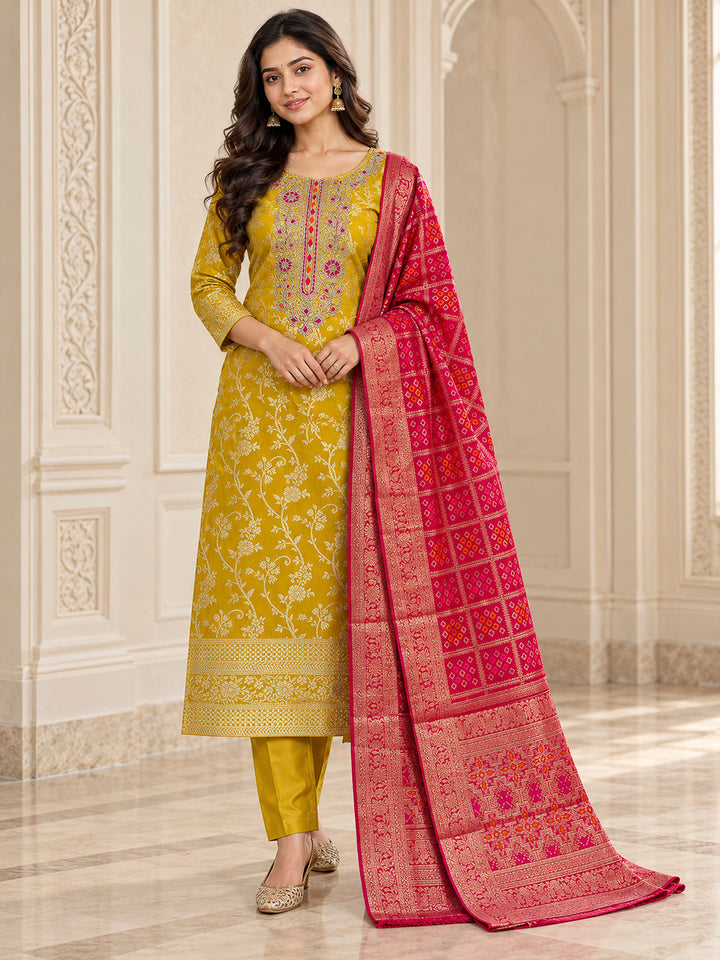 Mustard Chanderi Embroidered Unstitched Dress Material