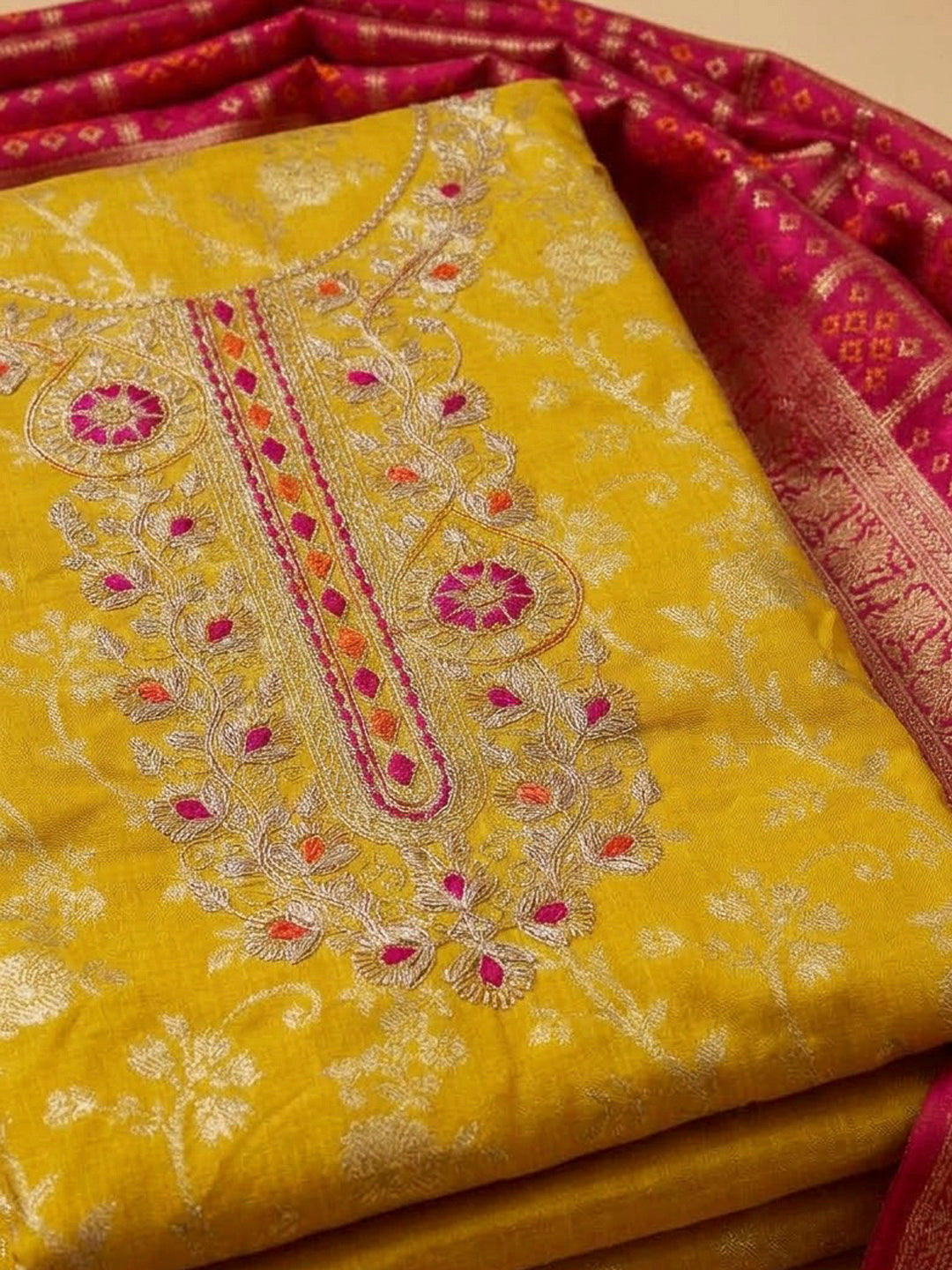 Mustard Chanderi Embroidered Unstitched Dress Material