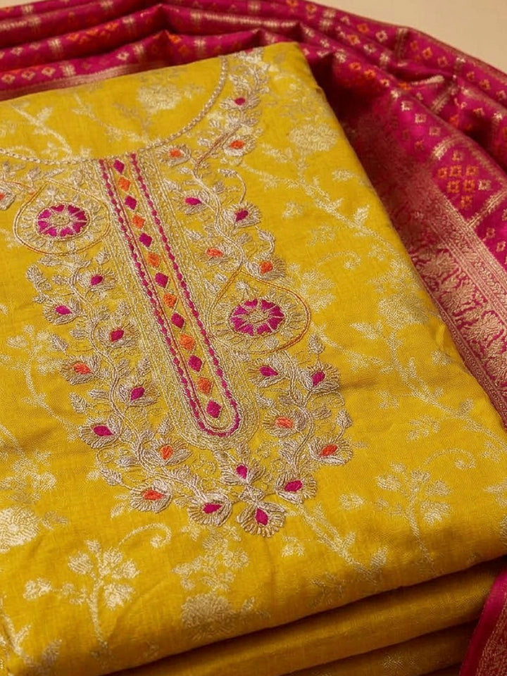 Mustard Chanderi Embroidered Unstitched Dress Material
