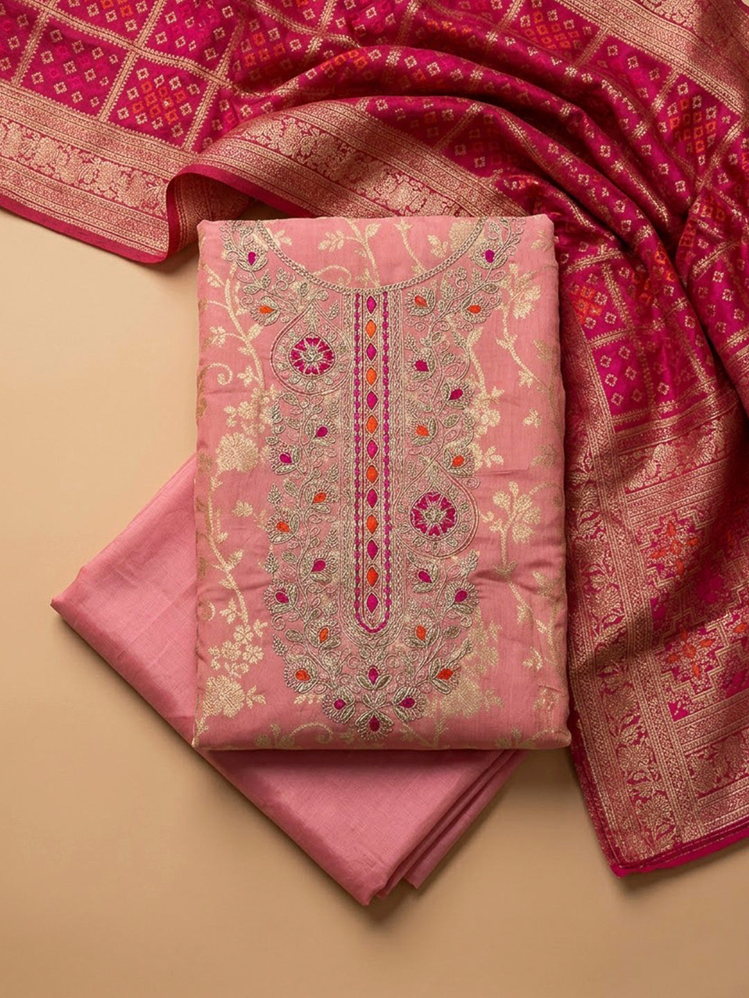 Peach Chanderi Embroidered Unstitched Dress Material
