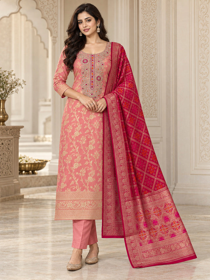 Peach Chanderi Embroidered Unstitched Dress Material