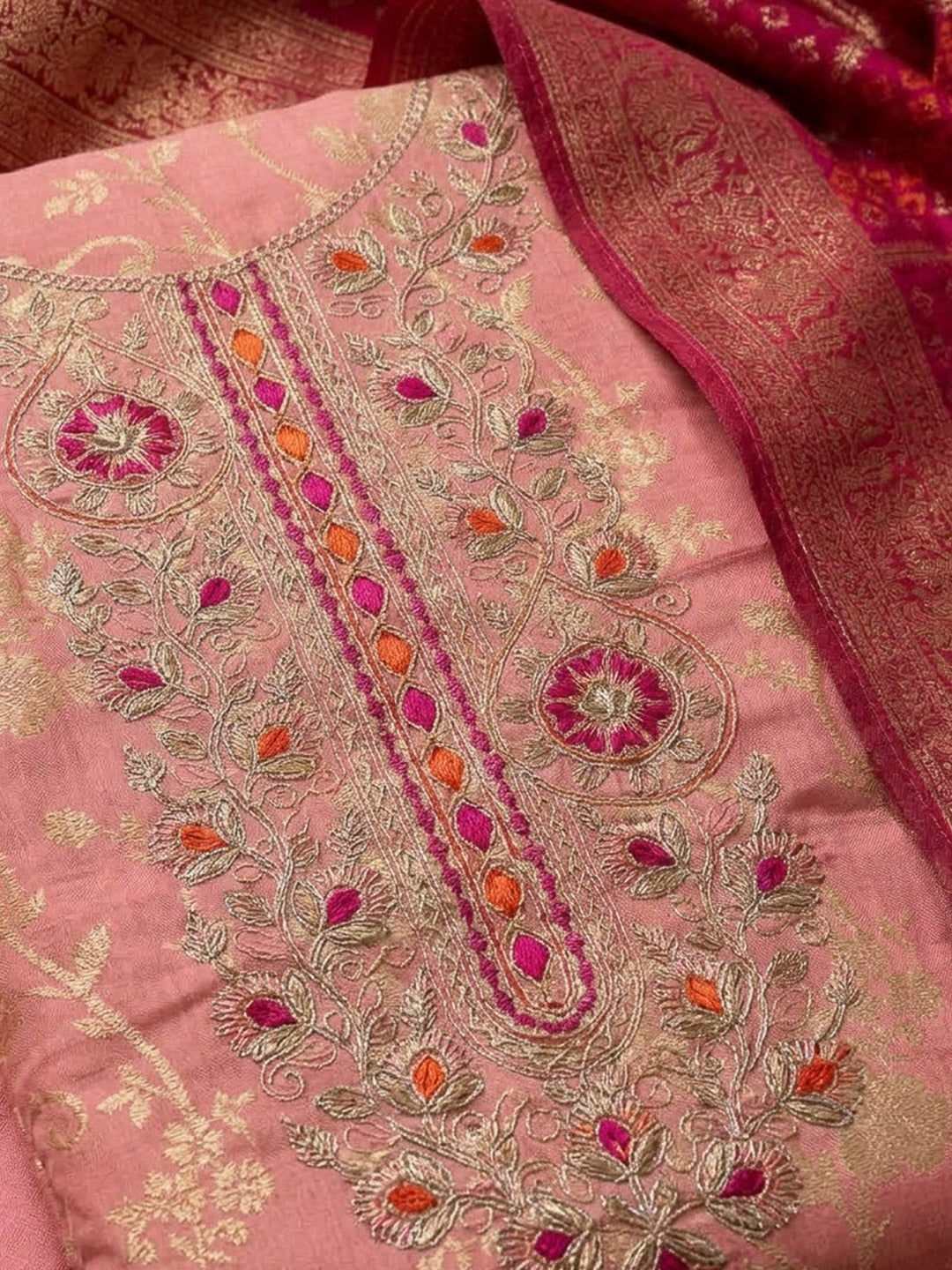 Peach Chanderi Embroidered Unstitched Dress Material