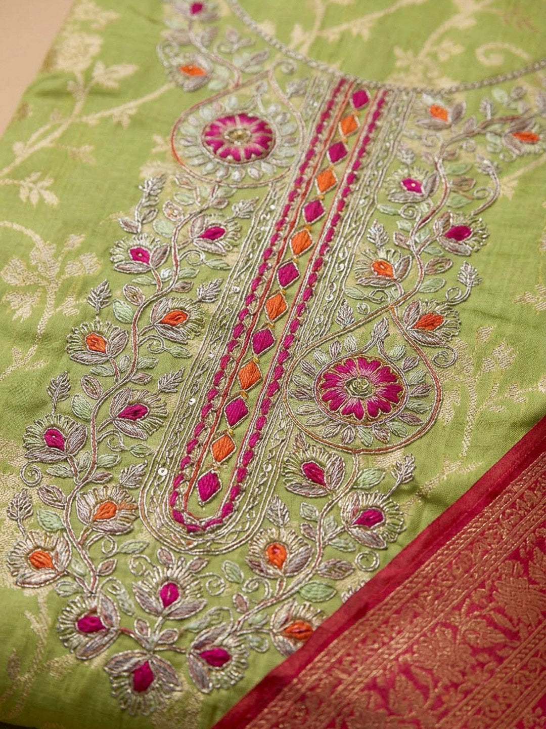Pista Green Chanderi Embroidered Unstitched Dress Material